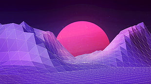 pink moon digital wallpaper, 1980s, purple, techno, digital art HD wallpaper