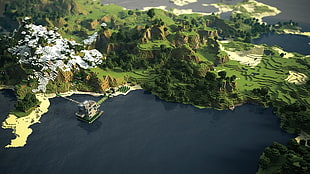 Minecraft, coast, mountains, trees HD wallpaper