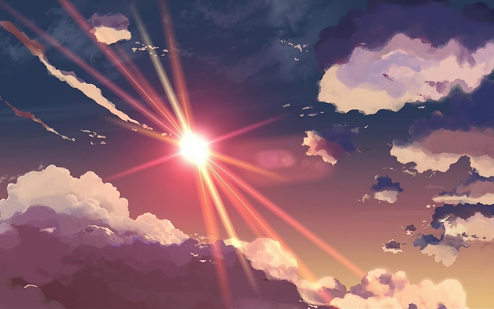 white clouds and blue sky painting, clouds, Sun, sun rays, artwork HD wallpaper
