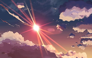 white clouds and blue sky painting, clouds, Sun, sun rays, artwork