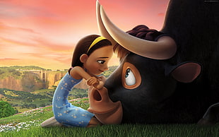 girl learning on cow animated movie poster HD wallpaper