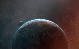 closed-up photo of earth, space art, planet, Earth, Moon