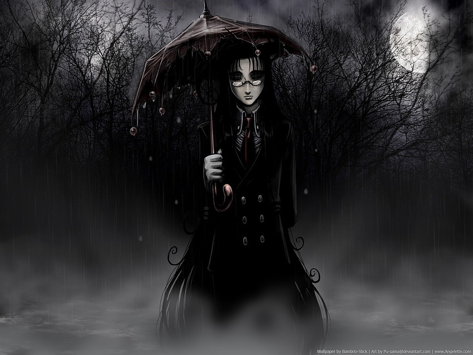 person holding umbrella illustration, Rip van Winkle, anime, night, Moon HD wallpaper