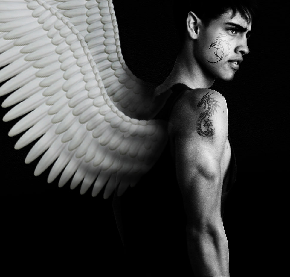 black and white photography of man with wings HD wallpaper