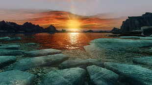 body of water and stones, The Elder Scrolls V: Skyrim, sunset, ice