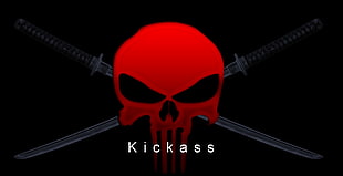 red and black Kickass logo, katana, skull, pirates, logo