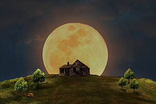 painting of brown cabin with full moon in background