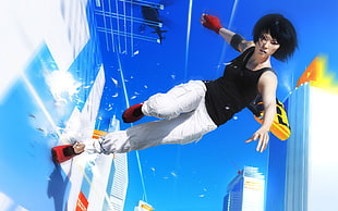 animated black haired female character running on glass wall, video games, mirror, Mirror's Edge HD wallpaper