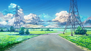 power lines, clouds, blue, green HD wallpaper