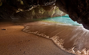 brown and green wooden table, nature, landscape, cave, beach