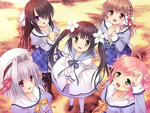 five female anime student characters digital wallpaper