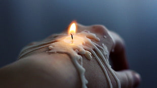 white candle, hands, candles, fire, wax