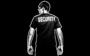 men's black and white security-printed t-shirt, security, NSA, Edward Snowden, monochrome