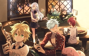 five anime characters in dining area graphic