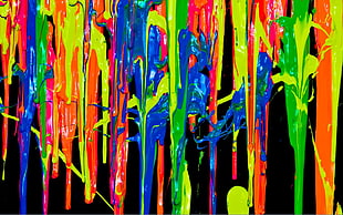 yellow, black, and blue abstract painting, colorful, painting, paint splatter
