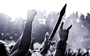 grayscale photography of people hands, music, concerts