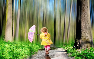 toddler girl in yellow hoodie holding purple floral umbrella beside brown bark trees HD wallpaper