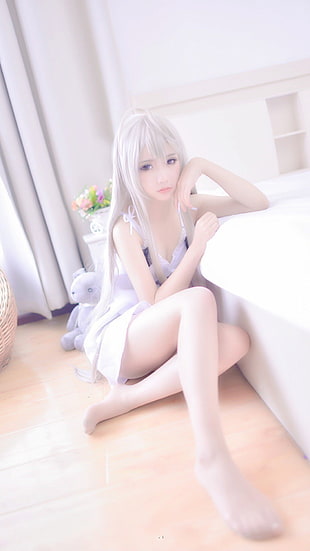 women's white spaghetti strap dress, Kasugano Sora, cosplay, kinpatsu cosplay, women HD wallpaper