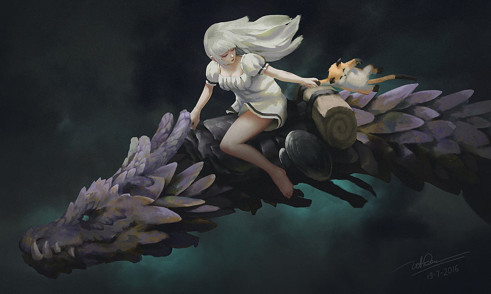white haired female illustration, fantasy art, dragon HD wallpaper