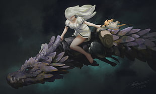 white haired female illustration, fantasy art, dragon