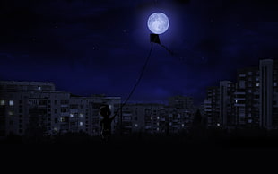 kid playing kite at nighttime digital wallpaper, dark, video games