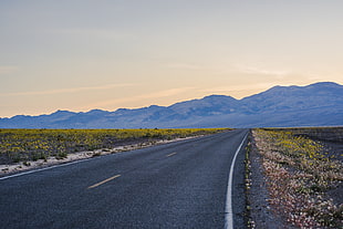 photography of gray asphalt road near hills during day time