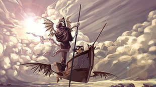 brown flying boat illustration, artwork, fantasy art, death, clouds