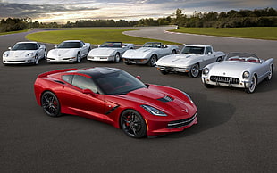 red sports car, car, Chevrolet Corvette C7, Chevrolet Corvette C1, Chevrolet Corvette C2
