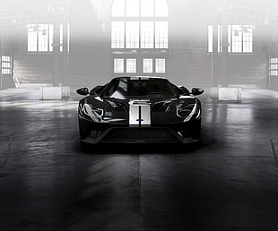 black sports coupe, Ford GT, supercars, Ford USA, monochrome HD wallpaper