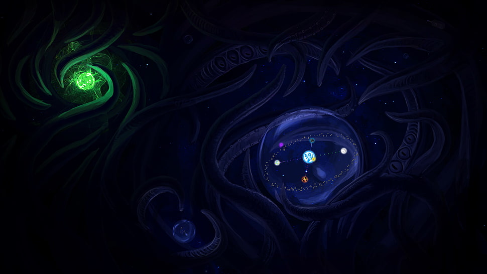 black and blue car steering wheel, space, tentacles, planet HD wallpaper