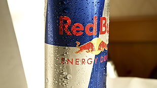 Red Bull energy drink can, macro, Red Bull