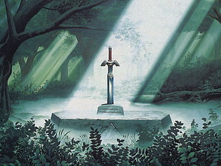 Excalibur sword illustration, The Legend of Zelda, sword, sunlight, forest