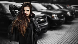 women's black leather jacket, women, model, long hair, brunette