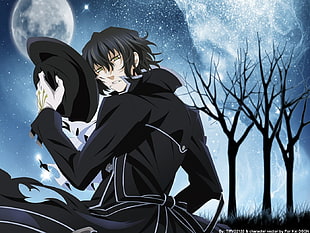 male anime character with black hair wearing hat and black long-sleeved coat digital wallpaper
