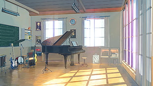 grand piano in front of drum set inside a room