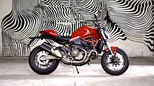 red standard motorcycle, Ducati, Ducati Monster 821, motorcycle, motorcyclist HD wallpaper