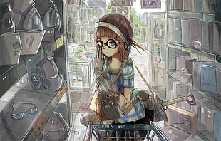 photo of a girl wearing blue and green plaid top standing near grocery cart