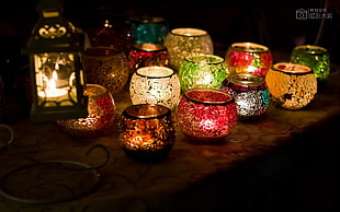 mosaic vase lot, candles, lights, lantern