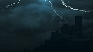castle under dark sky with lightnings HD wallpaper