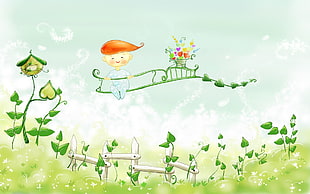 male baby sitting in flying vine plans painting HD wallpaper