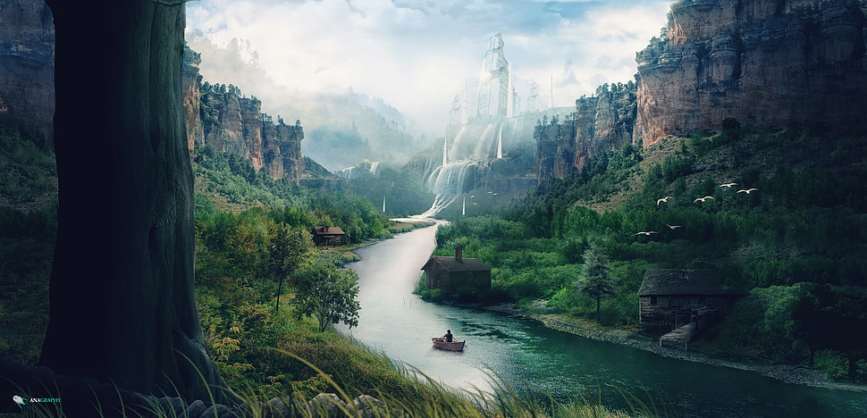 river in between trees and rock formation painting HD wallpaper