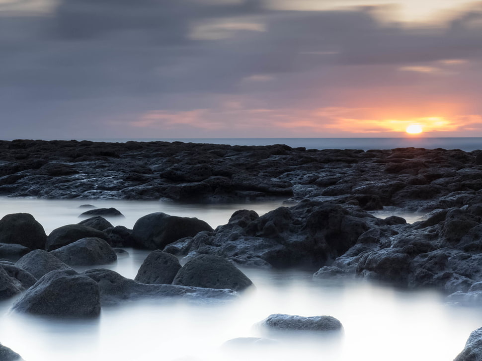 gray rock formation near water during sunset, las salinas HD wallpaper