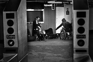 black and gray car seat carrier, monochrome, subway, music, musician