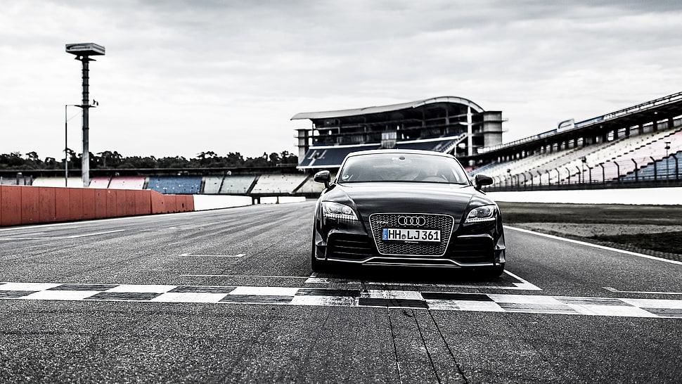 black Audi car on race track HD wallpaper