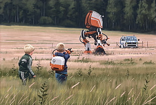 orange and white drone robot, futuristic, Simon Stålenhag HD wallpaper