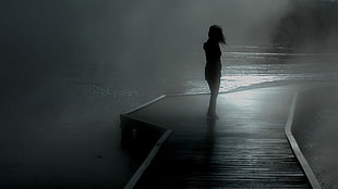 person standing on dock, dock, mist, monochrome, silhouette HD wallpaper