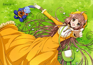 female anime character wearing yellow dress lying on green grass