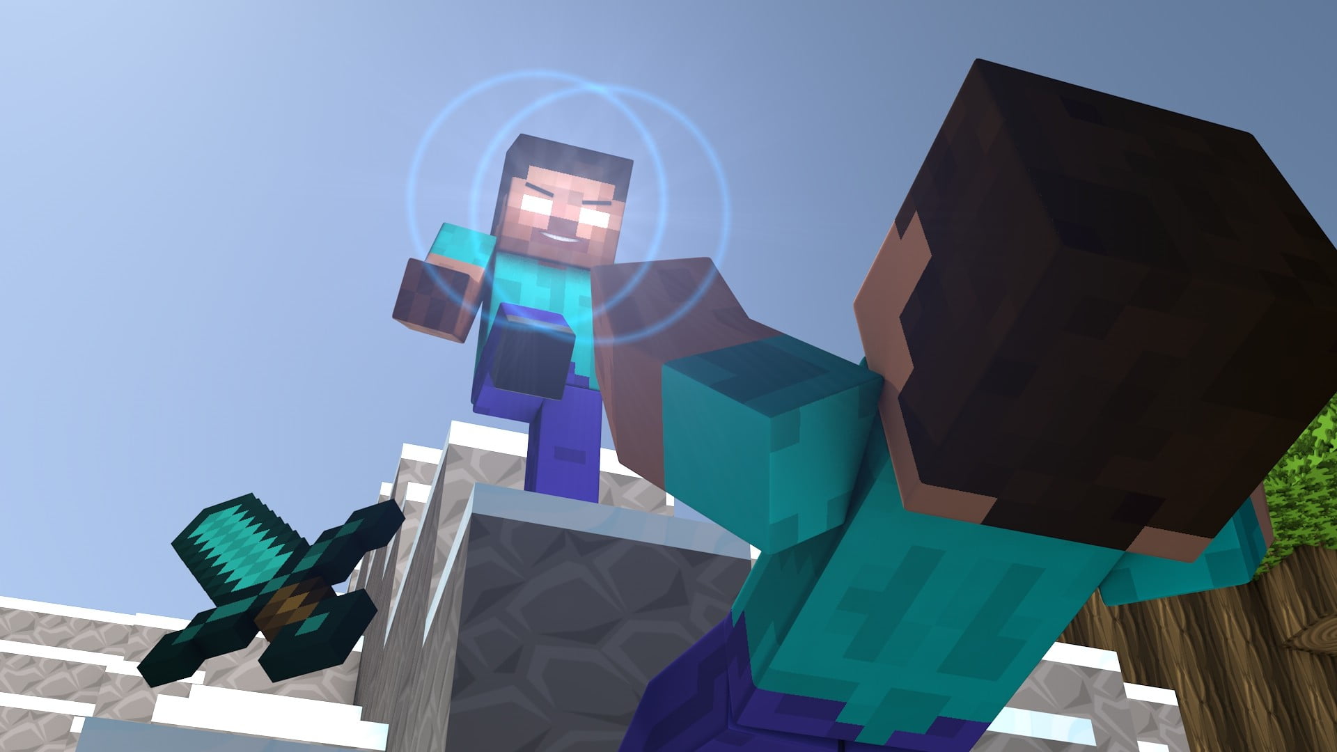 Download Two Minecraft Players engaged in an intense battle Wallpaper