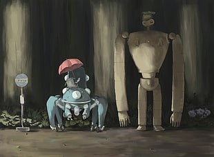 two gray and brown robots painting, Ghost in the Shell, Totoro, crossover, Castle in the Sky
