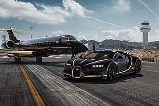 black and gold Bugatti Veyron coupe, Bugatti, car, aircraft, vehicle